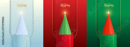 Set of holiday Christmas showcase backgrounds with 3d podium, Christmas tree and snowdrift. Vector illustration
