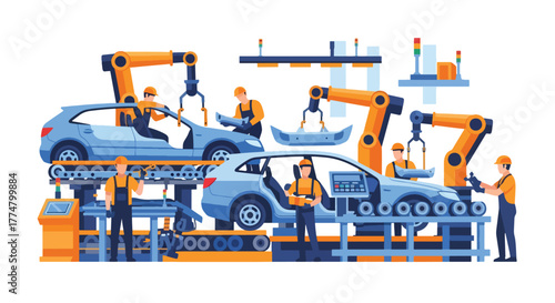 Flat vector of automotive assembly line with workers and robots, industrial production and technology concept