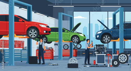 Flat vector of mechanics repairing cars in modern auto service garage, automotive maintenance and teamwork concept