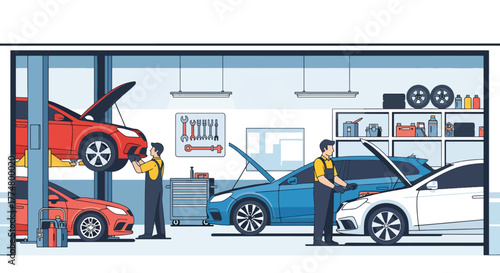 Flat vector of mechanics repairing cars in modern auto service garage, automotive maintenance and teamwork concept