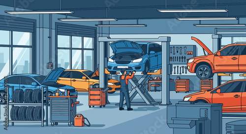 Flat vector of mechanics repairing cars in modern auto service garage, automotive maintenance and teamwork concept