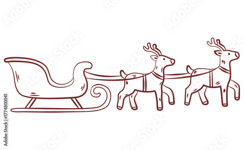 Red hand drawn slay of Santa Claus with two deers, vintage elegant line art. Xmas holiday element. Seasonal vector illustrations