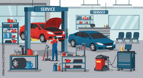 Flat vector of mechanics repairing cars in modern auto service garage, automotive maintenance and teamwork concept