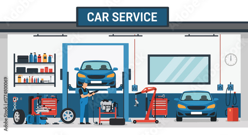 Flat vector of mechanics repairing cars in modern auto service garage, automotive maintenance and teamwork concept