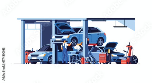 Flat vector of mechanics repairing cars in modern auto service garage, automotive maintenance and teamwork concept