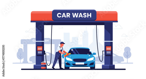 Flat vector of workers washing and drying cars at car wash station, cleaning and service concept