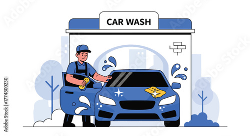 Flat vector of workers washing and drying cars at car wash station, cleaning and service concept