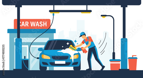 Flat vector of workers washing and drying cars at car wash station, cleaning and service concept