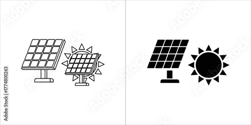 Outline and solid black icon of solar panels with sun