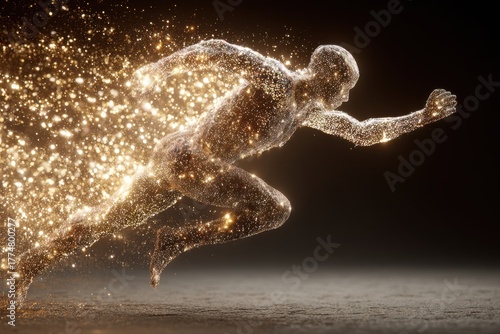 A professional businessman in a suit is energetically running while holding a glowing light, symbolizing speed, leadership, and innovation.
