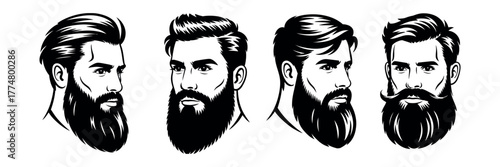 A diverse collection of stylized illustrations showcasing various bearded men's hairstyles and facial hair styles
