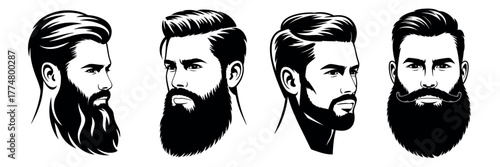 Stylish bearded men illustrations set, featuring different beard styles. Black and white portraits. Concept art