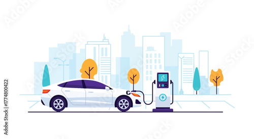 lat vector of electric car connected to charging station, clean energy and modern automotive concept
