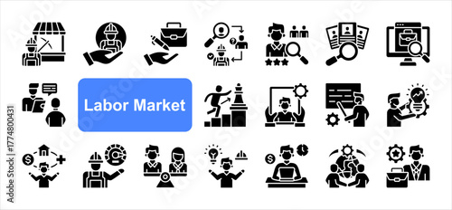 Labor market icon set with Employment, Job creation, Recruitment, Career path, Training program, Skill development, Growth simple  vector.