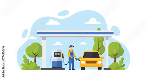 Flat vector of gas station with cars refueling and staff assisting customers, automotive service and energy illustration