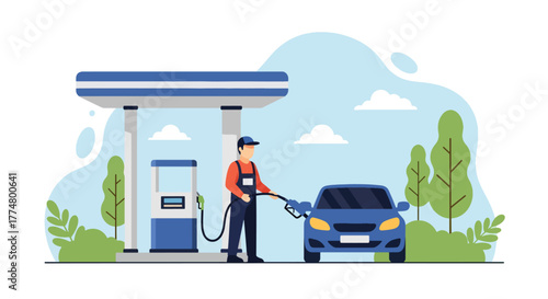 Flat vector of gas station with cars refueling and staff assisting customers, automotive service and energy illustration