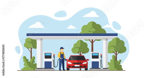 Flat vector of gas station with cars refueling and staff assisting customers, automotive service and energy illustration