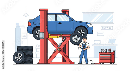 Flat vector of mechanic changing car tire with tools in repair shop, safety and automotive maintenance concept