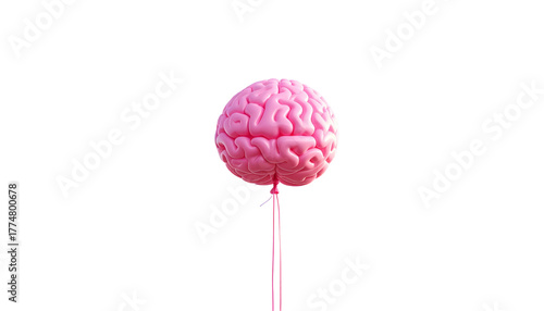 Pink, stylized human brain as a balloon against a black backdrop, with stem/strings