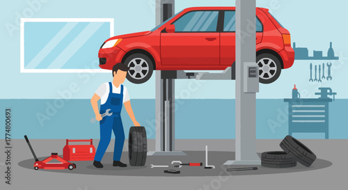 Flat vector of mechanic changing car tire with tools in repair shop, safety and automotive maintenance concept