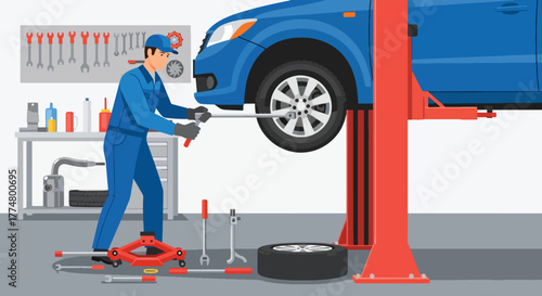 Flat vector of mechanic changing car tire with tools in repair shop, safety and automotive maintenance concept
