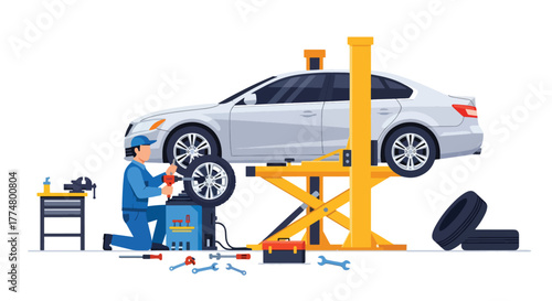 Flat vector of mechanic changing car tire with tools in repair shop, safety and automotive maintenance concept