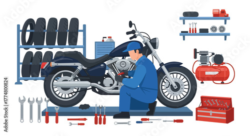 Flat vector of mechanic repairing motorcycle in workshop, engine service and maintenance concept