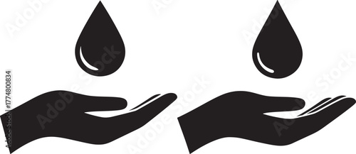 Two black silhouette hands catching falling water droplets silhouette