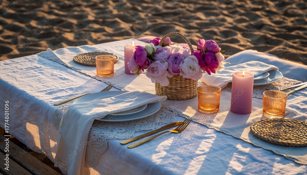 Fototapeta premium Serene Beachside Dinner: An elegantly set table adorns a sandy beach, bathed in the soft glow of natural light. Delicate roses and flickering candles create a romantic ambiance.