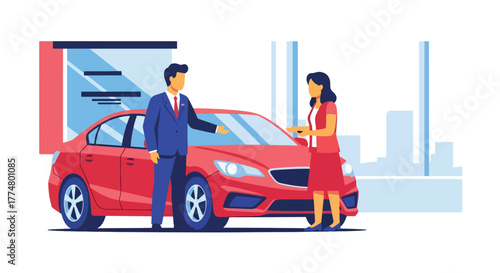 Flat vector of salesperson showing new car to clients in showroom, automotive sales and marketing illustration