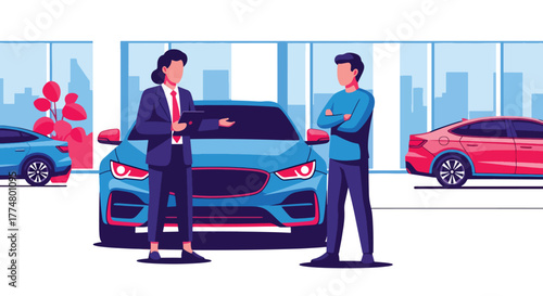 Flat vector of salesperson showing new car to clients in showroom, automotive sales and marketing illustration