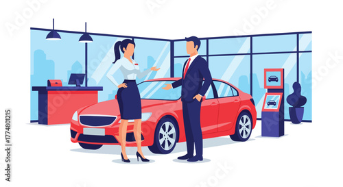 Flat vector of salesperson showing new car to clients in showroom, automotive sales and marketing illustration