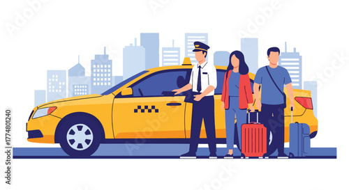 Flat style vector of yellow taxi picking up passengers in city center, transportation and urban lifestyle theme
