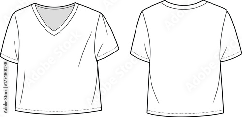 Crop top T-shirt template front and back, fashion sketch, V-neck design, unisex apparel illustration, technical clothing drawing, casualwear mockup style