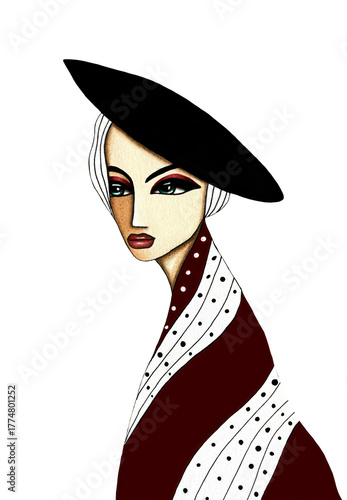 Wallpaper Mural Portrait of a stylish, young woman with black hat, blonde hair and red dress on orange background, hand drawn painting, beautiful makeup, png, isolated, transparent background  Torontodigital.ca