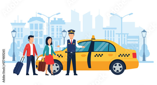 Flat style vector of yellow taxi picking up passengers in city center, transportation and urban lifestyle theme