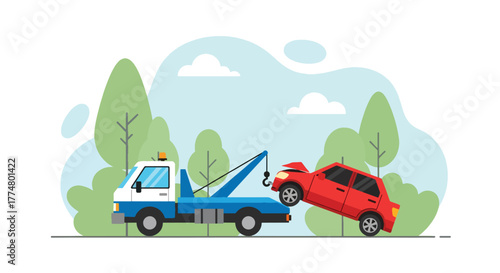 Flat vector of tow truck helping broken car on roadside, automotive assistance and rescue service concept