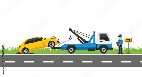 Flat vector of tow truck helping broken car on roadside, automotive assistance and rescue service concept