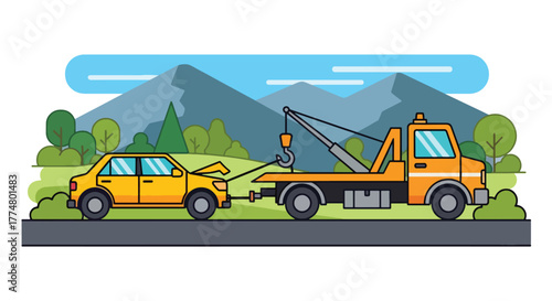 Flat vector of tow truck helping broken car on roadside, automotive assistance and rescue service concept