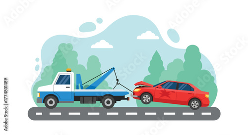 Flat vector of tow truck helping broken car on roadside, automotive assistance and rescue service concept