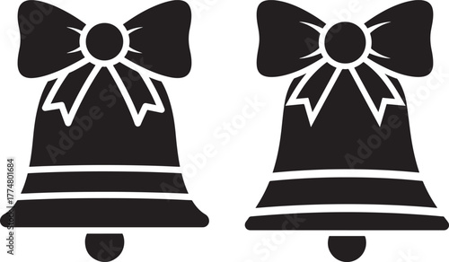 Two festive christmas bells with bows silhouette