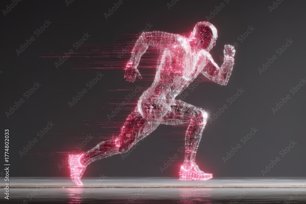 Fototapeta premium A man running with a pink light illuminating his face, creating a dynamic and energetic motion blur effect.