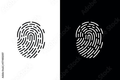 Fingerprint icon set in black and white. Biometric identification symbol for security, identity, and access control on isolated backgrounds