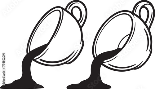 Two coffee cups pouring dark liquid in a simple line art silhouette