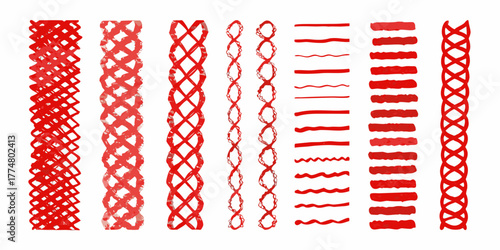 Collection of red brush stroke borders and decorative elements with woven and wavy patterns