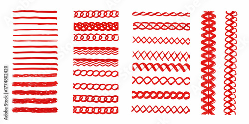 Collection of hand drawn red brush stroke lines and decorative borders on a white background