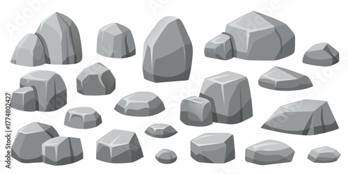 Collection of various gray cartoon stones and rocks in different shapes and sizes