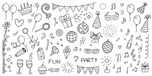 Collection of hand drawn doodle elements for celebrations and parties including balloons gifts and confetti