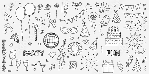 Collection of hand drawn party elements including balloons cake confetti and gifts