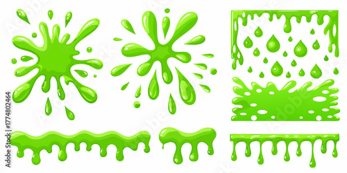 Collection of vibrant green slime splashes drips and blobs isolated on white background